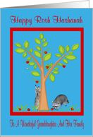 Rosh Hashanah To Granddaughter And Family, Raccoons next to apple tree card