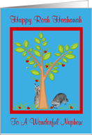 Rosh Hashanah to Nephew, Raccoons next to apple tree, red frame card