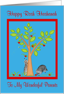 Rosh Hashanah To Parents, Raccoons next to an apple tree, red frame card