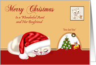 Christmas to Aunt and Boyfriend, cat wearing Santa hat sleeping, mouse card