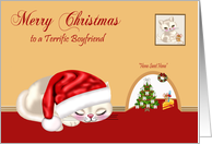 Christmas to Boyfriend, cat wearing a Santa hat sleeping by a mouse card