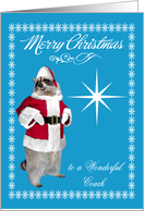 Christmas to Coach, raccoon Santa Claus, snowflakes on blue, star card