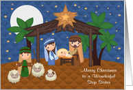 Christmas to Step Sister, Nativity Scene With Baby Jesus, stars, moon card