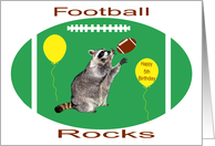 5th Birthday, raccoon playing football on green with yellow balloons card