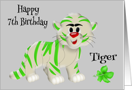 7th Birthday, general, cute green and white tiger, green flower, gray card