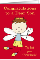 Congratulations to Son, Losing first tooth, boy fairy with crown, wand card