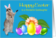 Easter to Goddaughter, Raccoon with bunny ears, flower, eggs, blue card