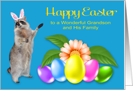 Easter to Grandson and Family, Raccoon with bunny ears, flower, eggs card