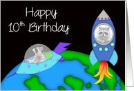 10th Birthday, general, raccoon in a rocket, another in a space ship card