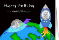 Birthday to Grandson, raccoon in a rocket, another in a spaceship card