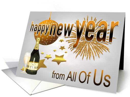 New Year From All Of Us, New Year's Eve Ball, fireworks and stars card