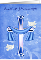 Easter, general, Religious, cross with white doves and blue flowers card
