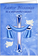 Easter to Cousin, Religious, cross, white doves and blue flowers card