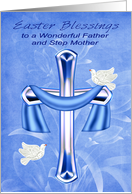 Easter to Father and Step Mother, Religious, cross, doves, flowers card