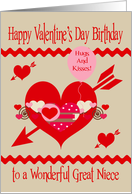 Birthday On Valentine’s Day to Great Niece with Hearts and a Balloon card