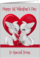 1st Valentine’s Day to Twins with a Boy and Girl Bunny Against a Heart card