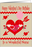 Birthday On Valentine’s Day to Nurse, red, white, pink hearts, arrows card