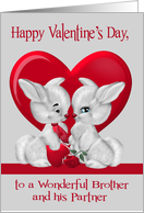 Valentine’s Day To Brother And Partner, a boy and girl bunny, heart card