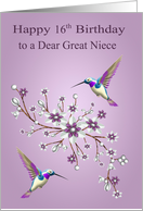 16th Birthday to Great Niece with Hummingbirds and Purple Flowers card