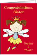 Congratulations to Sister, Losing tooth, girl fairy, crown on red card