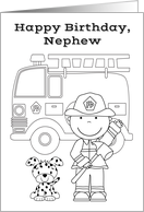 Birthday to Nephew, fun coloring card, fire boy with dalmatian puppy card