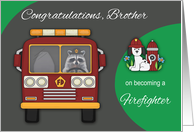 Congratulations to Brother on becoming a firefighter, A cute raccoon card