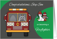 Congratulations to Step Son on Becoming Firefighter, raccoon in truck card