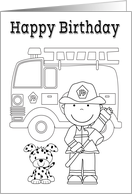 Birthday Coloring Card with a Firefighter Boy and a Dalmatian Puppy card