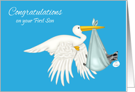 Congratulations On First Son, Boy, Stork with raccoon in blue blanket card