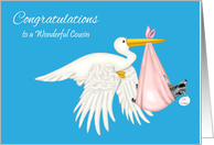 Congratulations To Cousin, Girl, Stork with raccoon in a pink blanket card