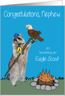 Congratulations To Nephew, Becoming Eagle Scout, Raccoon, blue card
