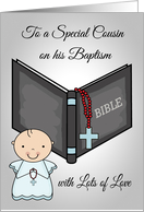 Congratulations, Baptism to Cousin, baby boy, bible with red rosary card