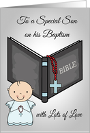 Congratulations, Baptism for Son, baby boy, bible with a red rosary card