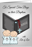 Congratulations on Baptism to Twin boys with a Bible and a Red Rosary card