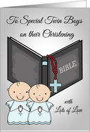 Congratulations on Christening to Twin Boys, A Bible with a red rosary card