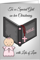 Congratulations on Christening for Girl with a Sweet Baby and Bible card