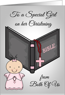 Congratulations, Christening from Both Of Us, baby girl, bible, rosary card