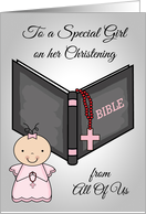 Congratulations, Christening from All Of Us, baby girl, bible, rosary card