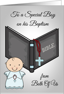 Congratulations, Baptism from Both Of Us, baby boy, bible, red rosary card