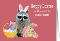 Easter To Dad And Step Mom, Raccoon with bunny ears with bunny, basket card