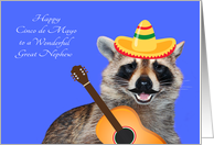 Cinco de Mayo to Great Nephew, raccoon with a mustache, sombrero card