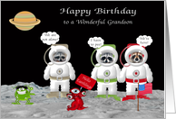 Birthday to Grandson, raccoon astronauts on moon with aliens, Saturn card