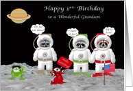 1st Birthday to Grandson with Raccoon Astronauts on the Moon card