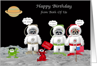 Birthday from Both Of Us, raccoon astronauts on the moon with aliens card