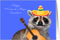 Cinco de Mayo, baby’s 1st, raccoon with a mustache wearing a sombrero card