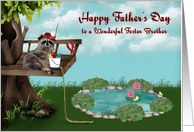 Father’s Day to Foster Brother, Raccoon fishing from a tree, frogs card