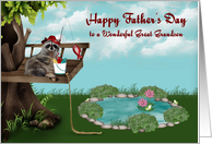 Father’s Day to Great Grandson, Raccoon fishing from a tree, frogs card