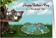 Father’s Day to Son with a Raccoon Fishing from a Tree and Frogs card