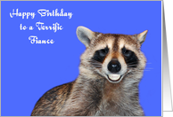 Birthday To Fiance, Raccoon smiling with pearly white dentures, blue card