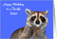 Birthday To Artist, Raccoon smiling with pearly white dentures, blue card